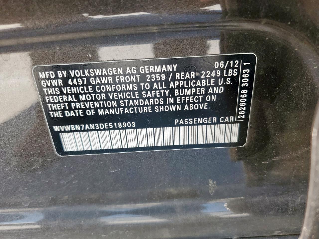 2013 Volkswagen Cc Sport VIN: WVWBN7AN3DE518903 Lot: 58123805