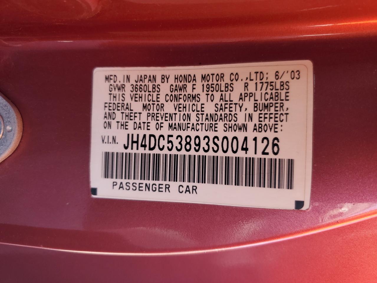 2003 Acura Rsx VIN: JH4DC53893S004126 Lot: 56197455