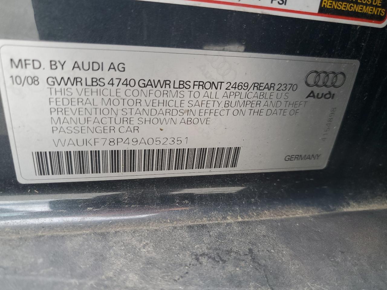 2009 Audi A3 2.0T Quattro VIN: WAUKF78P49A052351 Lot: 56548135