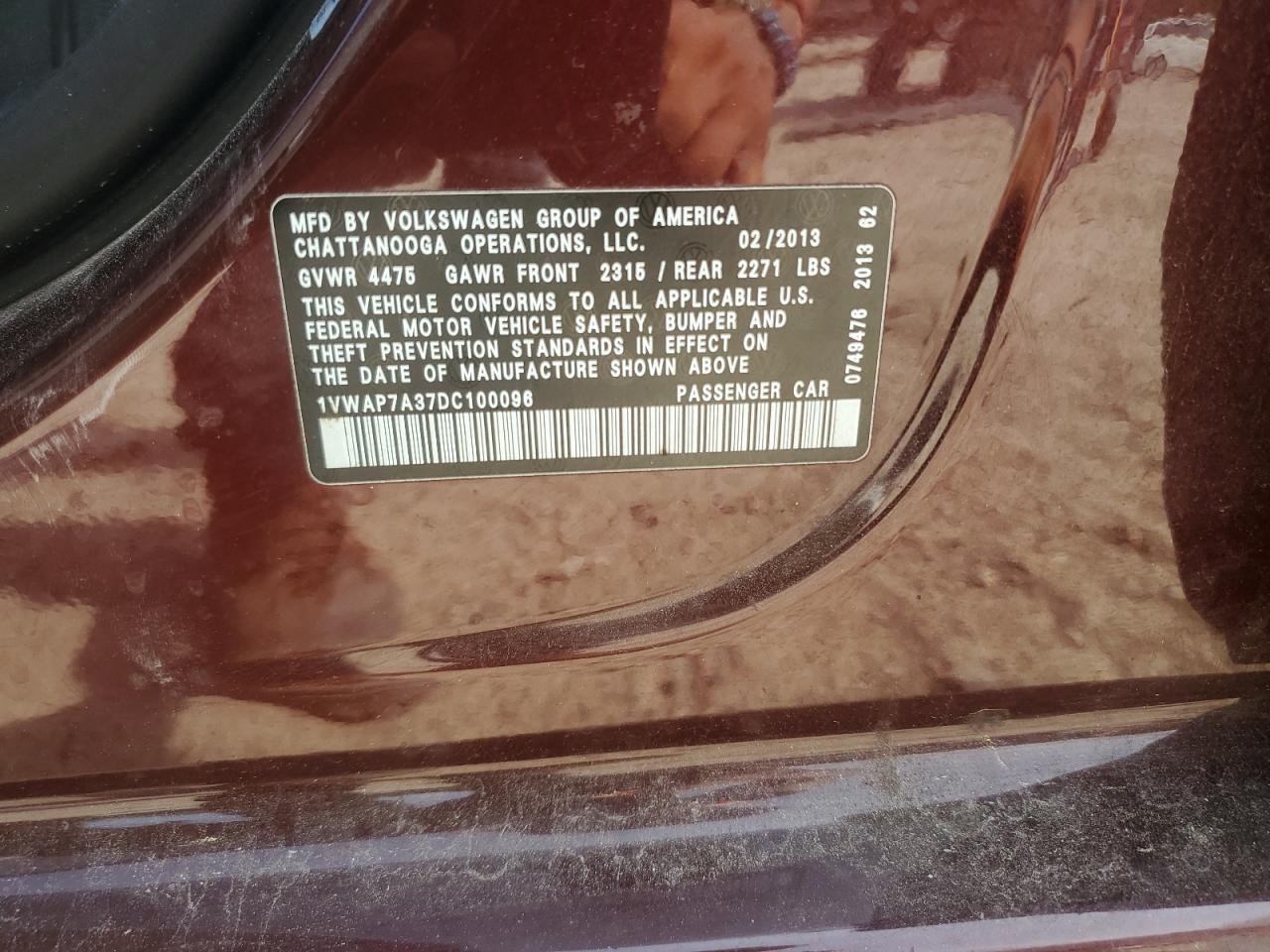 2013 Volkswagen Passat S VIN: 1VWAP7A37DC100096 Lot: 56119465