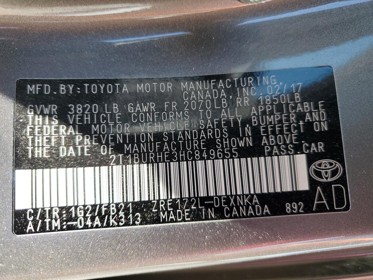 2T1BURHE3HC849655 TOYOTA COROLLA 2017