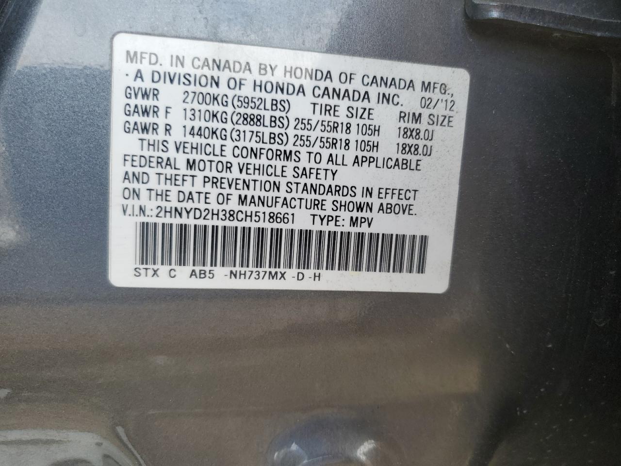 2012 Acura Mdx Technology VIN: 2HNYD2H38CH518661 Lot: 56795375