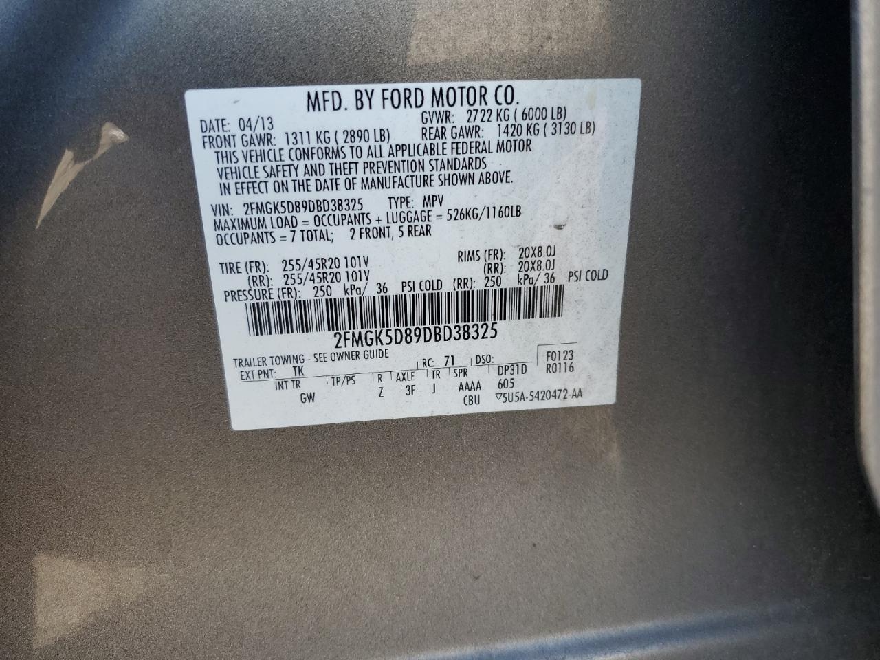 2013 Ford Flex Limited VIN: 2FMGK5D89DBD38325 Lot: 56899735