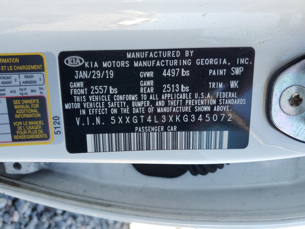2019 Kia Optima Lx VIN: 5XXGT4L3XKG345072 Lot: 55913355
