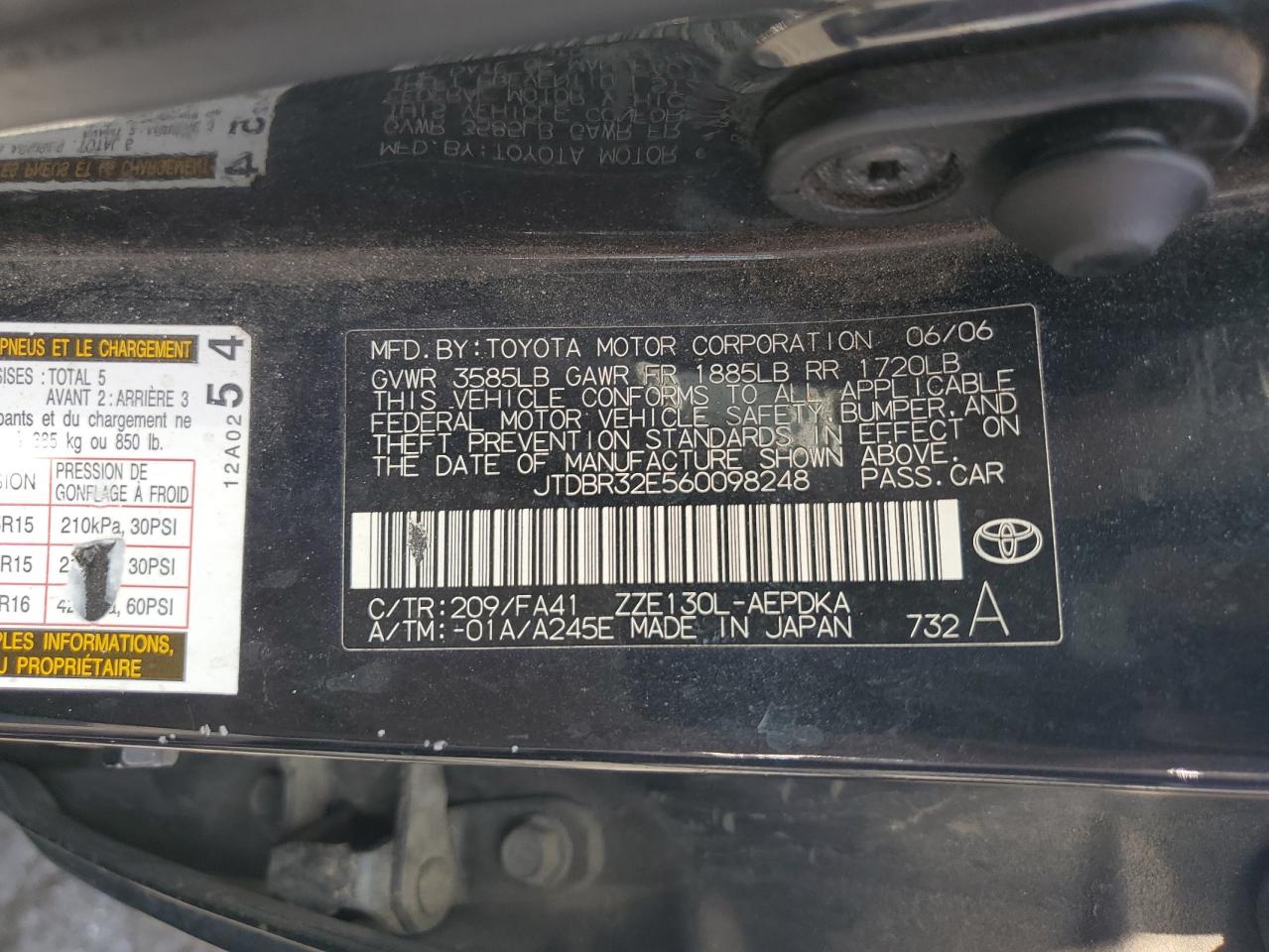 2006 Toyota Corolla Ce VIN: JTDBR32E560098248 Lot: 58766765