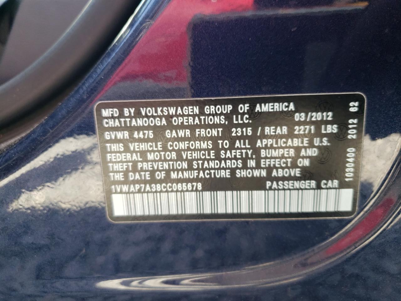 2012 Volkswagen Passat S VIN: 1VWAP7A38CC065678 Lot: 57175515