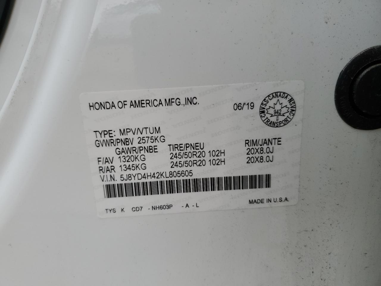 2019 Acura Mdx Technology VIN: 5J8YD4H42KL805605 Lot: 52530195