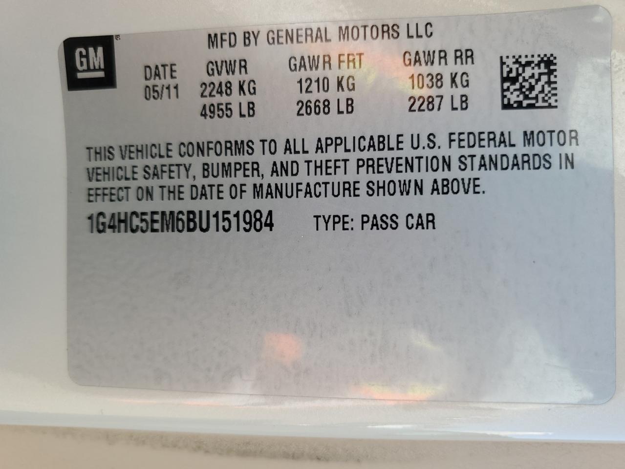 2011 Buick Lucerne Cxl VIN: 1G4HC5EM6BU151984 Lot: 56520765