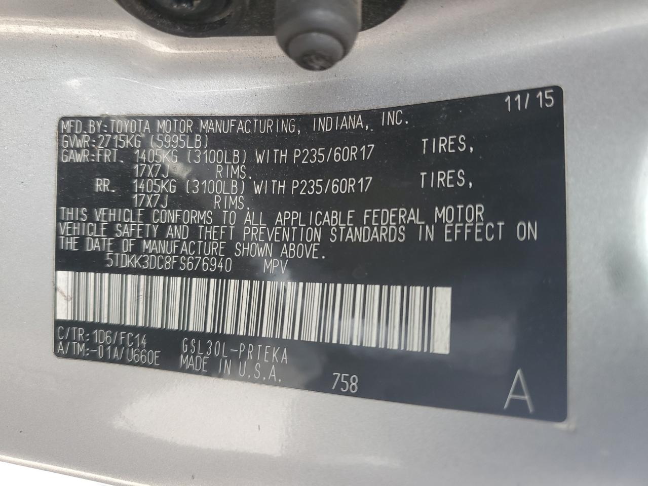 2015 Toyota Sienna Le VIN: 5TDKK3DC8FS676940 Lot: 56007555