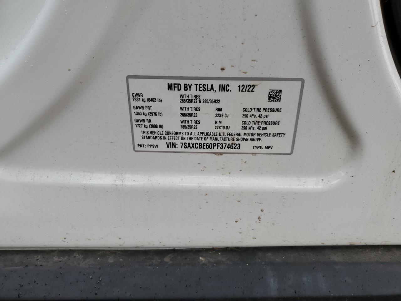2023 Tesla Model X VIN: 7SAXCBE60PF374623 Lot: 58096505