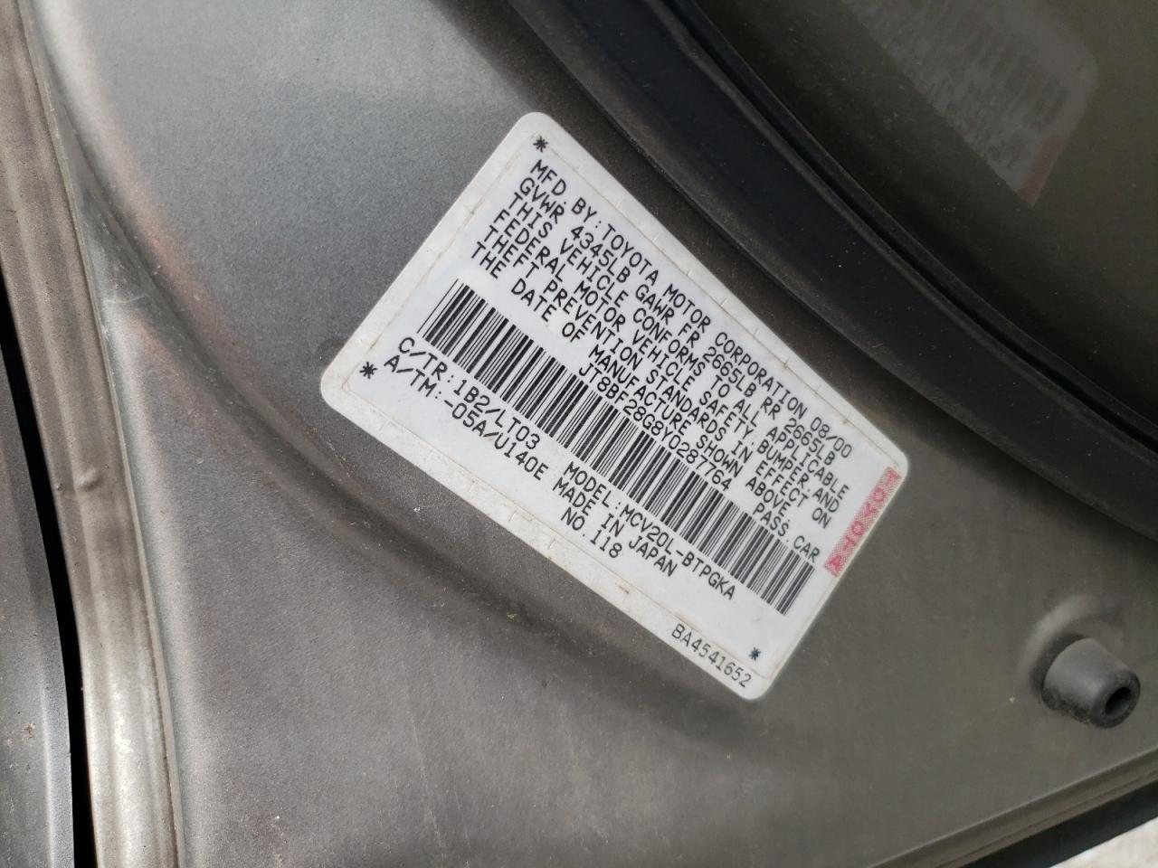 2000 Lexus Es 300 VIN: JT8BF28G8Y0287764 Lot: 58699365
