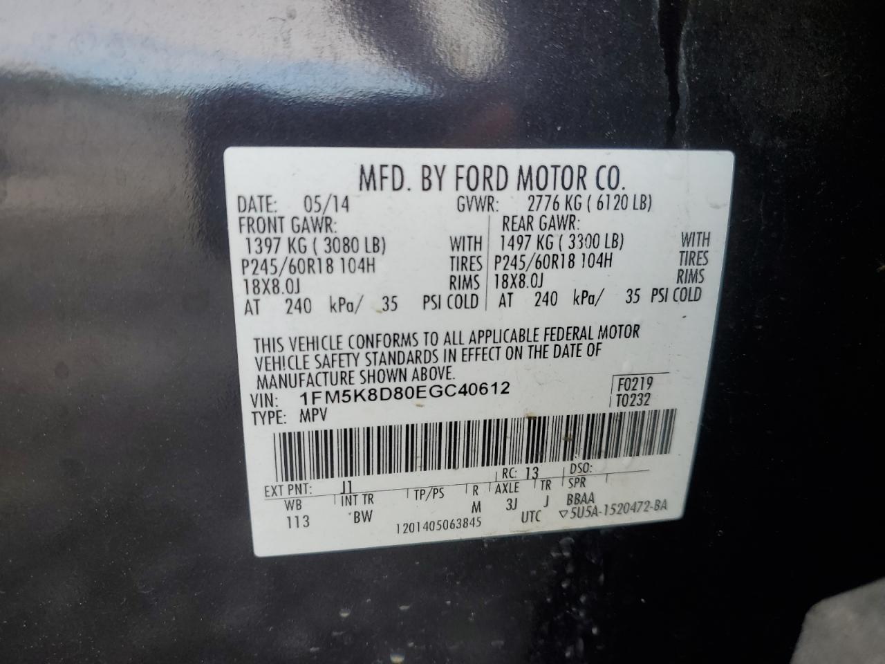 2014 Ford Explorer Xlt VIN: 1FM5K8D80EGC40612 Lot: 57024245