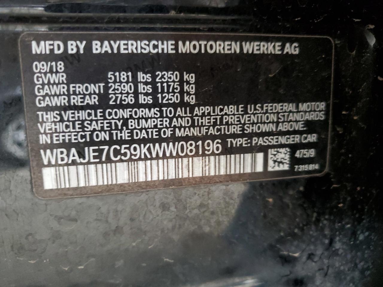 WBAJE7C59KWW08196 BMW 5 SERIES 2019