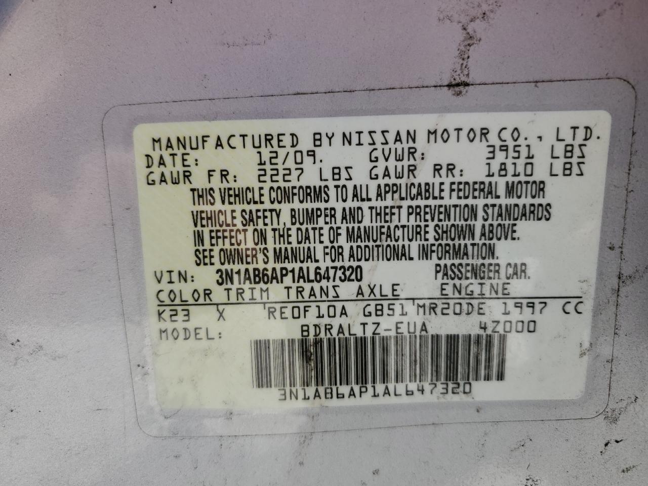 2010 Nissan Sentra 2.0 VIN: 3N1AB6AP1AL647320 Lot: 56964025