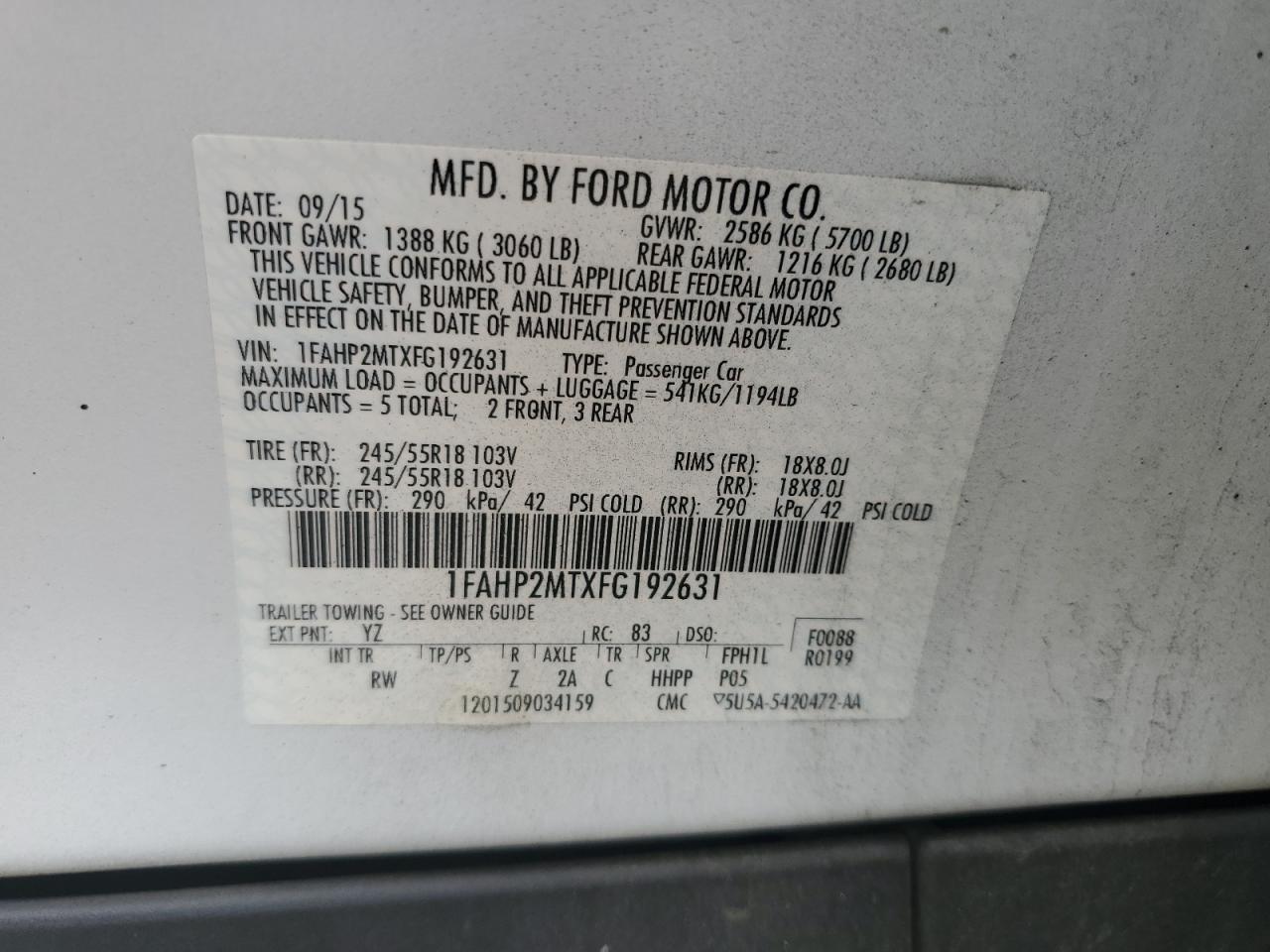 2015 Ford Taurus Police Interceptor VIN: 1FAHP2MTXFG192631 Lot: 55388005