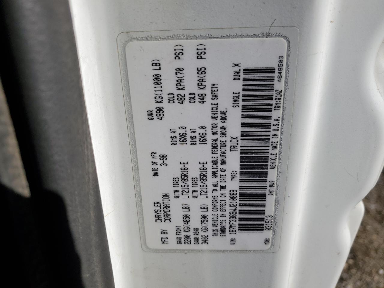 1998 Dodge Ram 3500 VIN: 1B7MF3369WJ210889 Lot: 56156775