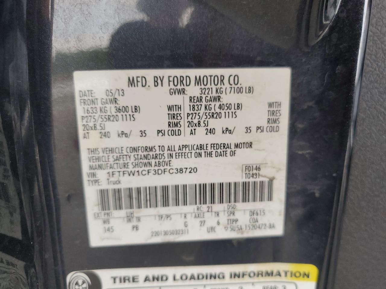 2013 Ford F150 Supercrew VIN: 1FTFW1CF3DFC38720 Lot: 57124655