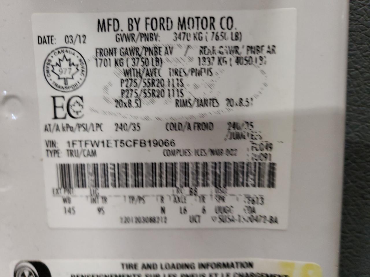 2012 Ford F150 Supercrew VIN: 1FTFW1ET5CFB19066 Lot: 56854855
