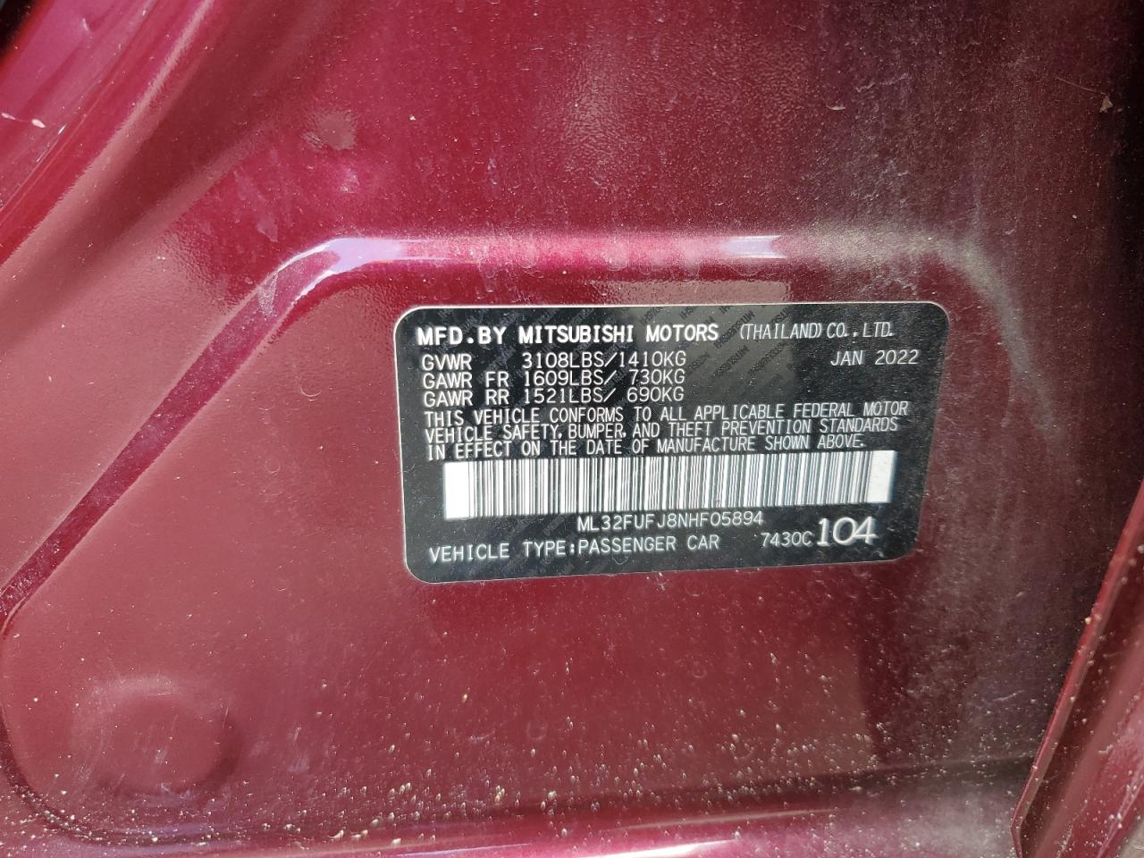 2022 Mitsubishi Mirage G4 Es VIN: ML32FUFJ8NHF05894 Lot: 56498015
