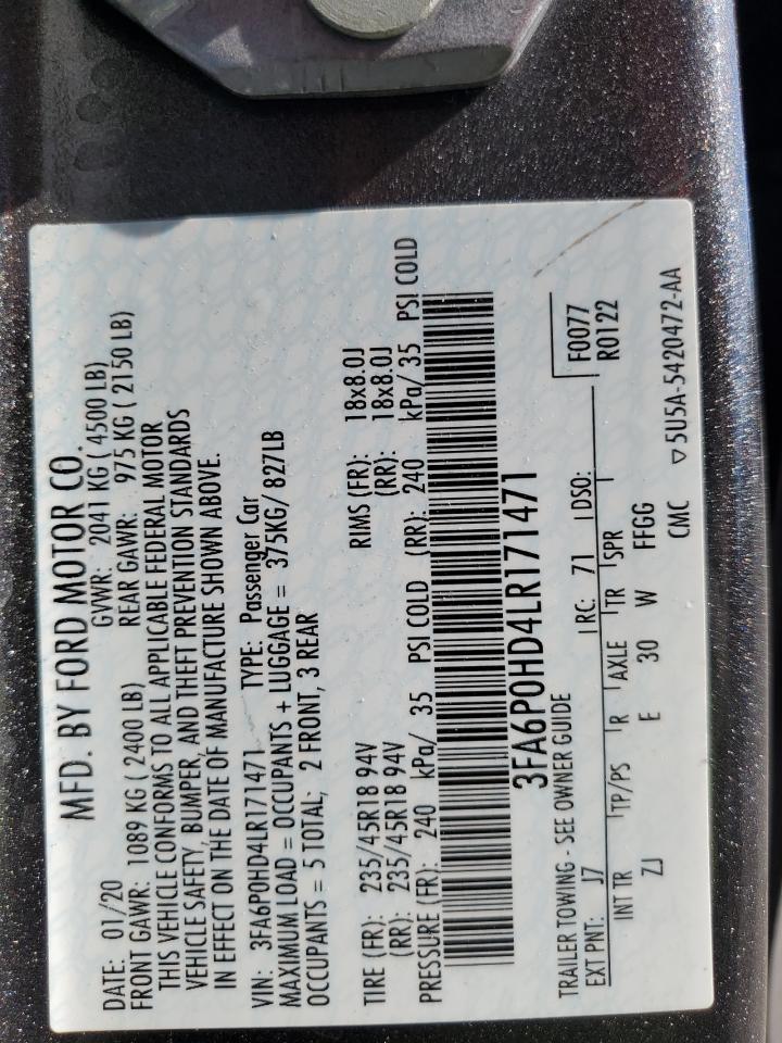 3FA6P0HD4LR171471 FORD FUSION 2020