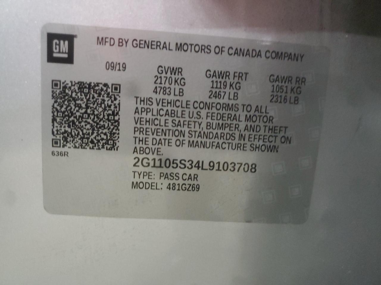 2020 Chevrolet Impala Premier VIN: 2G1105S34L9103708 Lot: 56901005