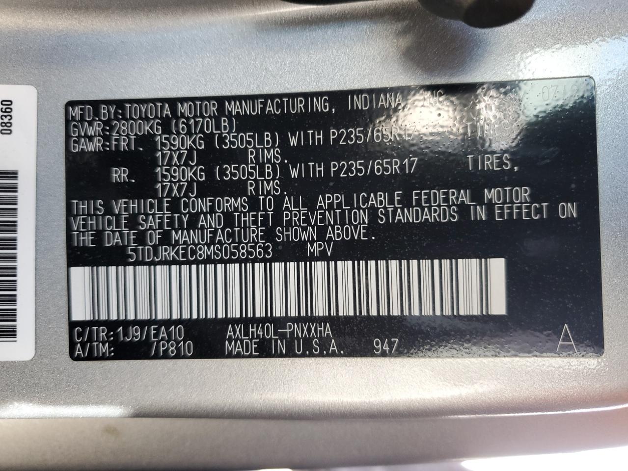 2021 Toyota Sienna Xle VIN: 5TDJRKEC8MS058563 Lot: 56932015