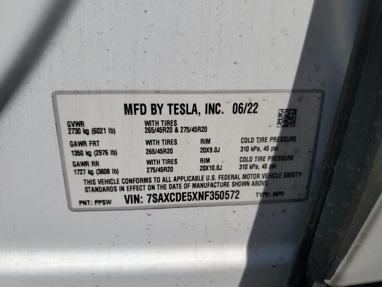 2022 Tesla Model X VIN: 7SAXCDE5XNF350572 Lot: 57277575