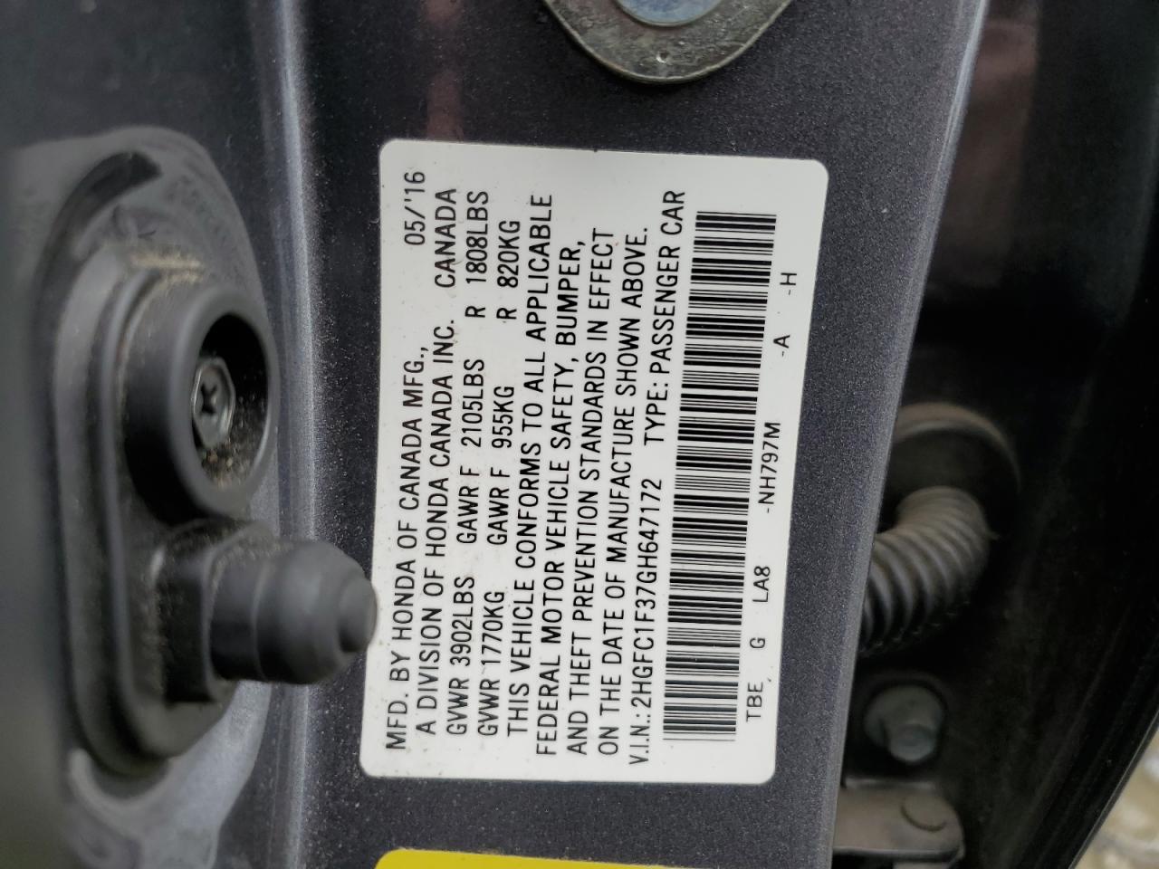 2HGFC1F37GH647172 HONDA CIVIC 2016