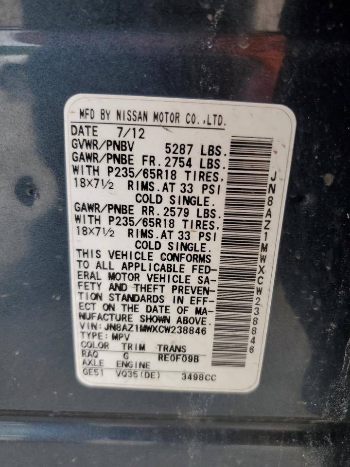 2012 Nissan Murano S VIN: JN8AZ1MWXCW238846 Lot: 57499355