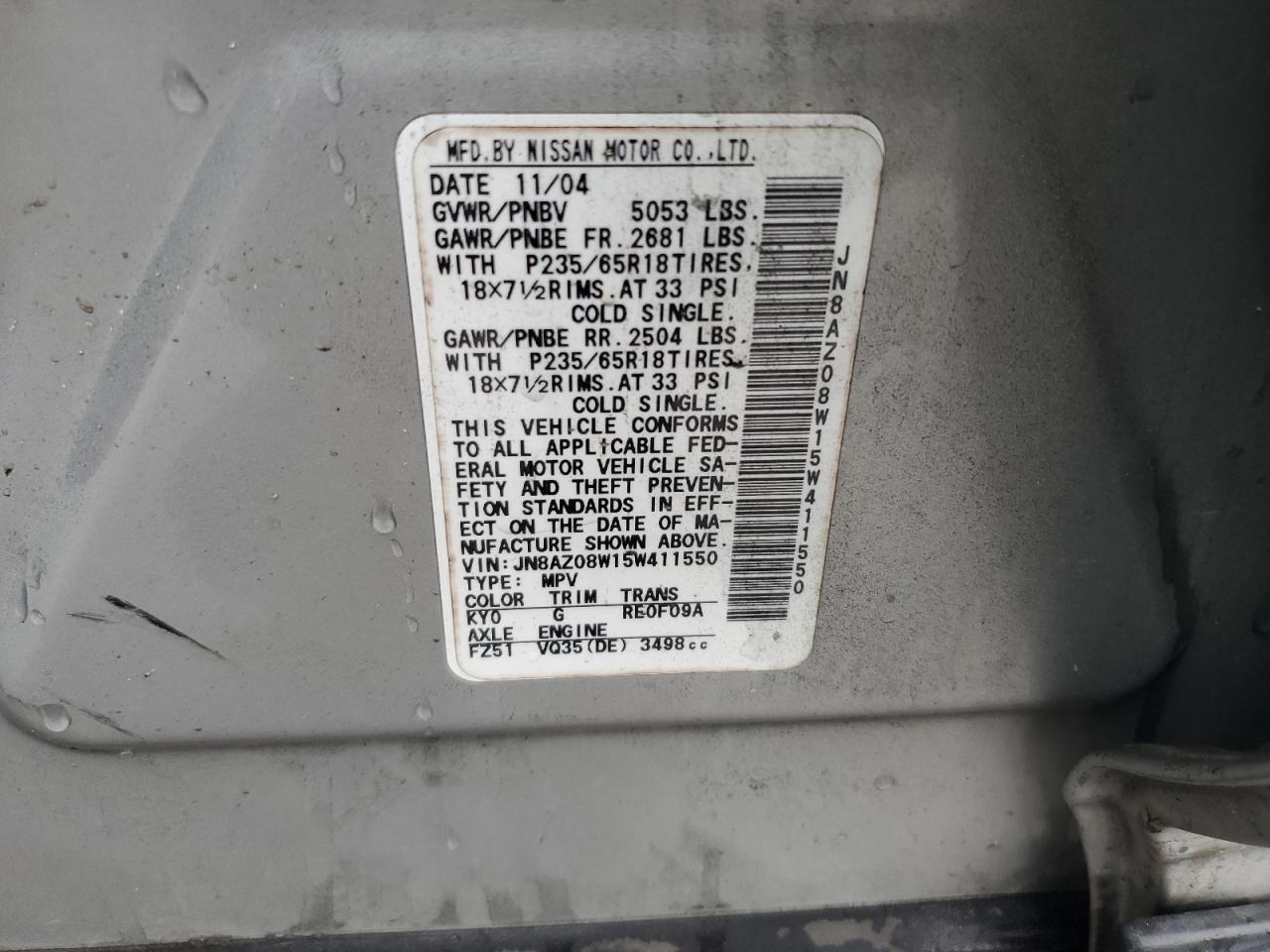2005 Nissan Murano Sl VIN: JN8AZ08W15W411550 Lot: 56047875