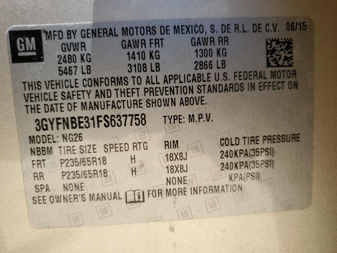 2015 Cadillac Srx Luxury Collection VIN: 3GYFNBE31FS637758 Lot: 56911815