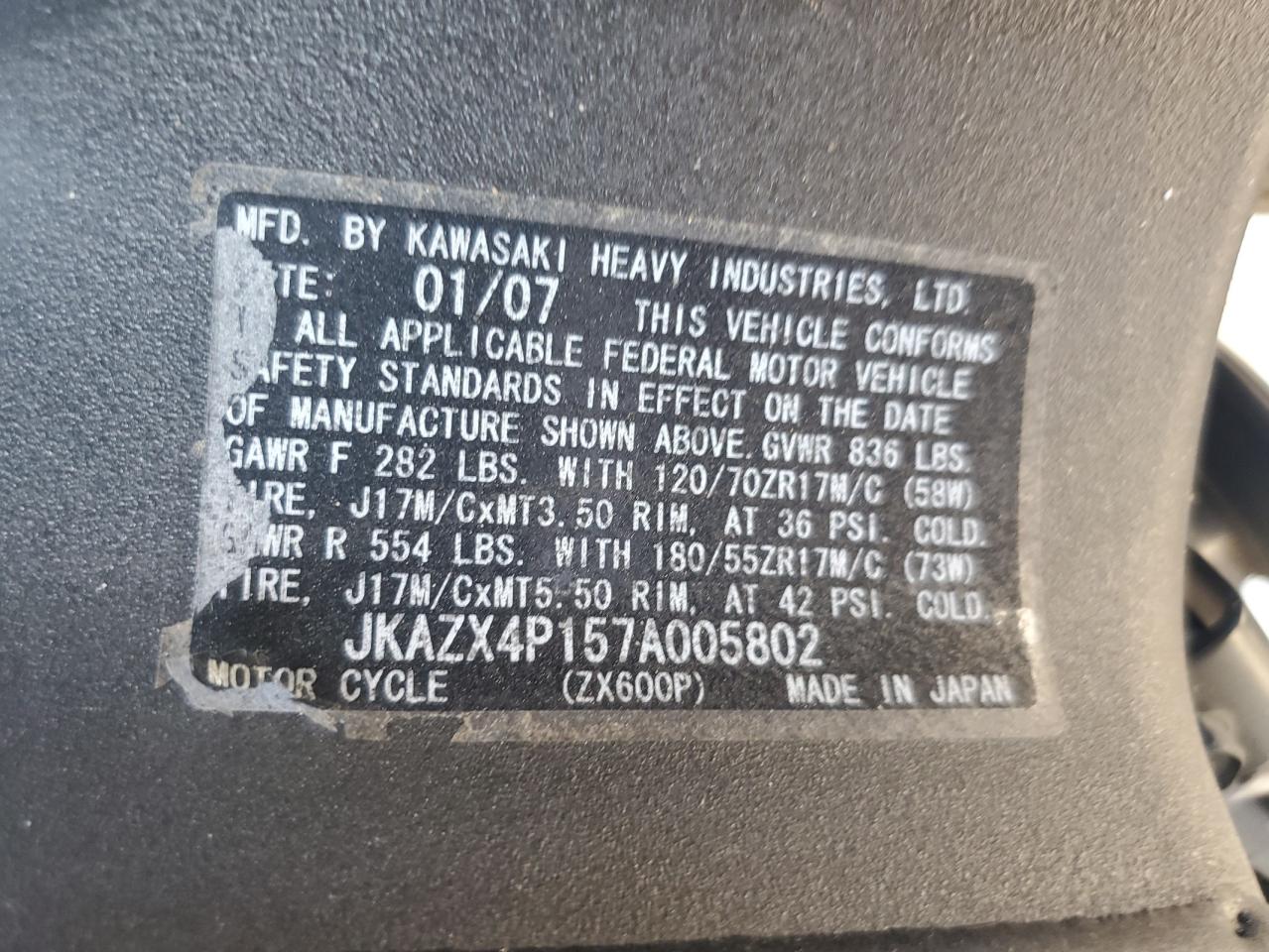 2007 Kawasaki Zx600 P VIN: JKAZX4P157A005802 Lot: 57133385