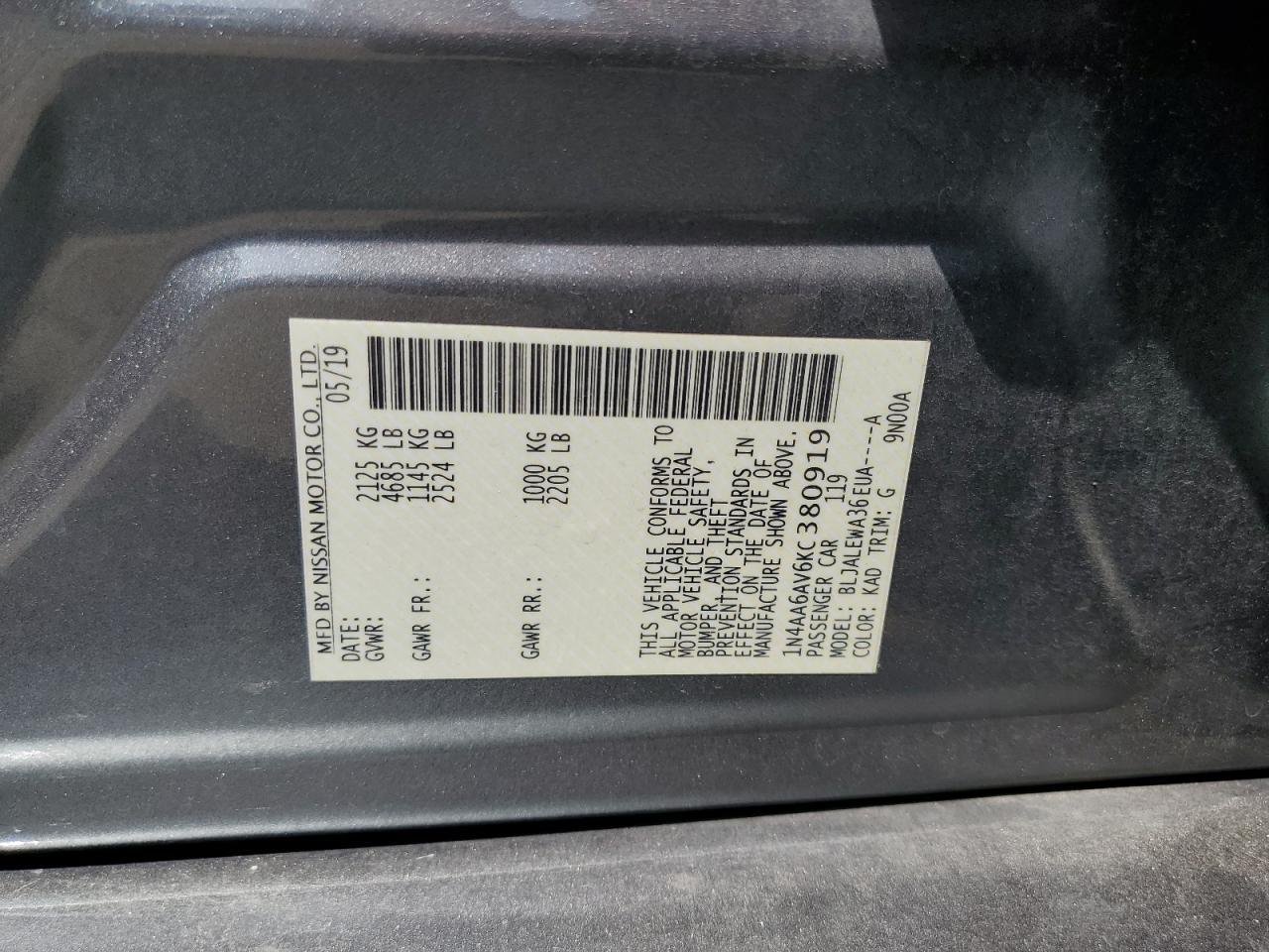 2019 Nissan Maxima S VIN: 1N4AA6AV6KC380919 Lot: 56745215