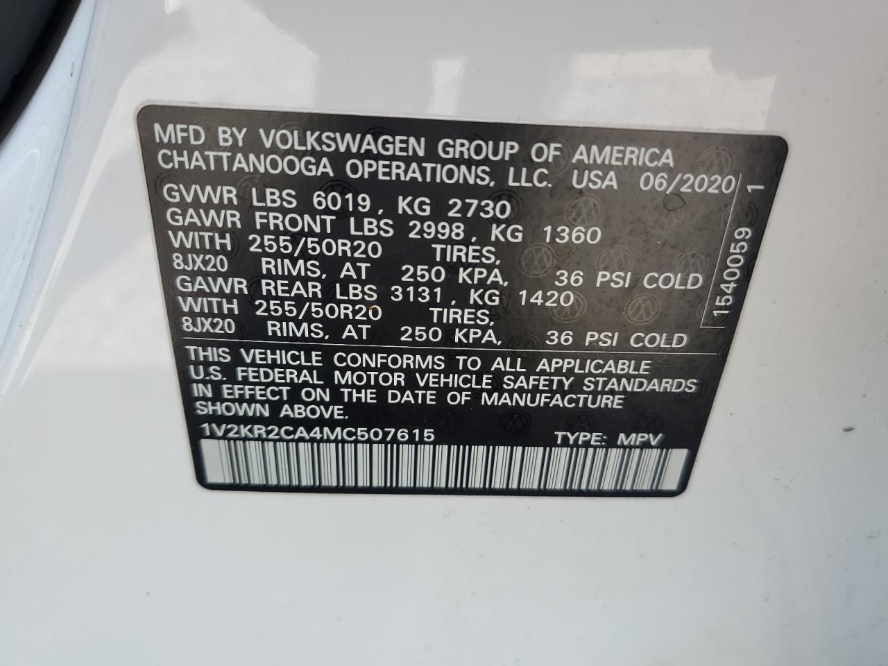 2021 Volkswagen Atlas Se VIN: 1V2KR2CA4MC507615 Lot: 54476505