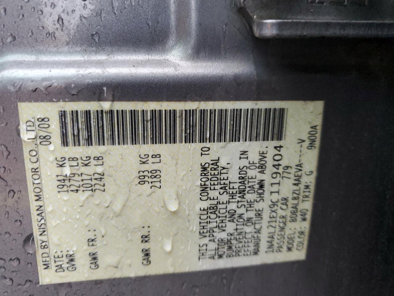 2009 Nissan Altima 2.5 VIN: 1N4AL21EX9C119404 Lot: 56664335