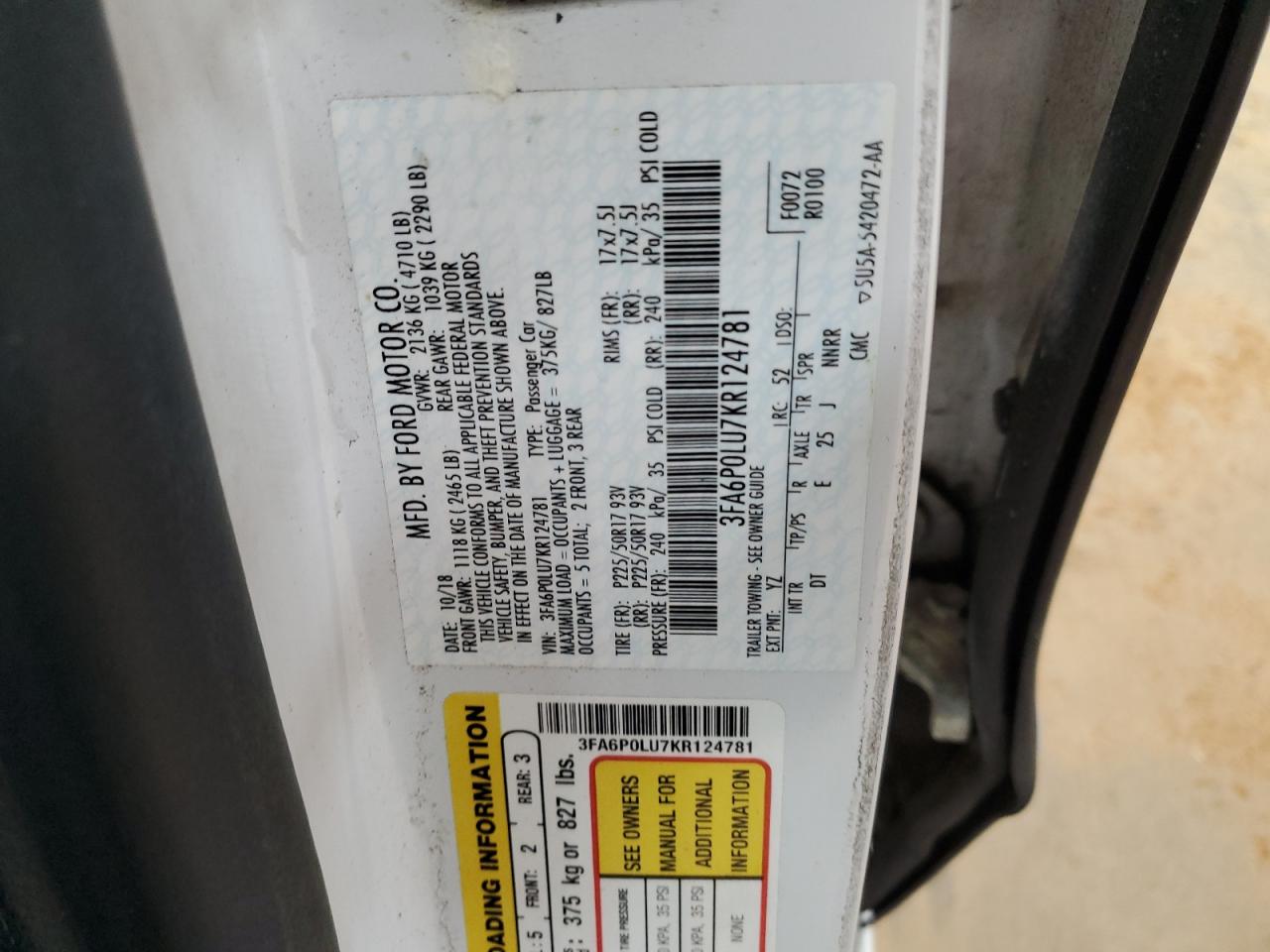 2019 Ford Fusion Se VIN: 3FA6P0LU7KR124781 Lot: 54038495