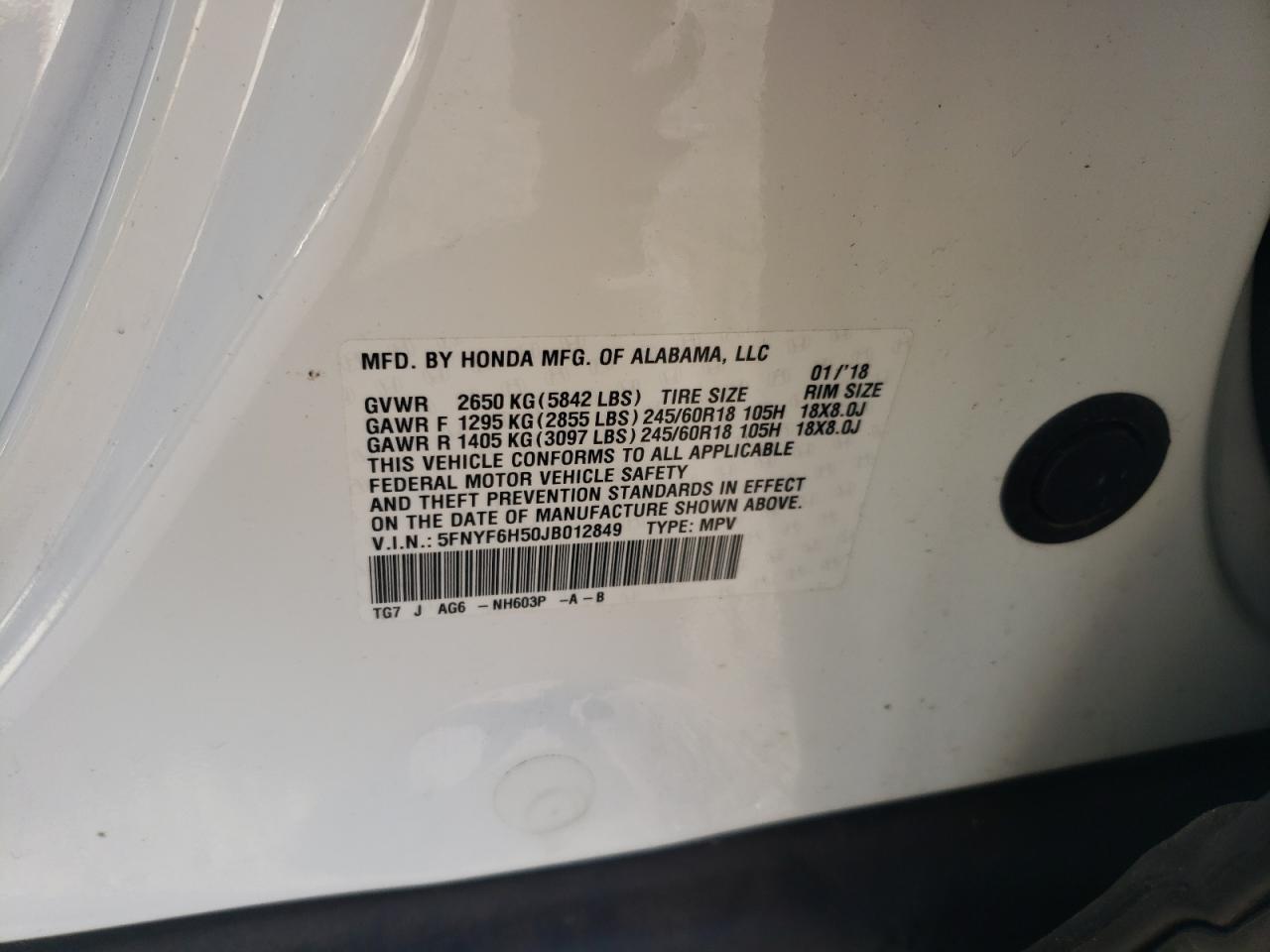 5FNYF6H50JB012849 HONDA PILOT 2018