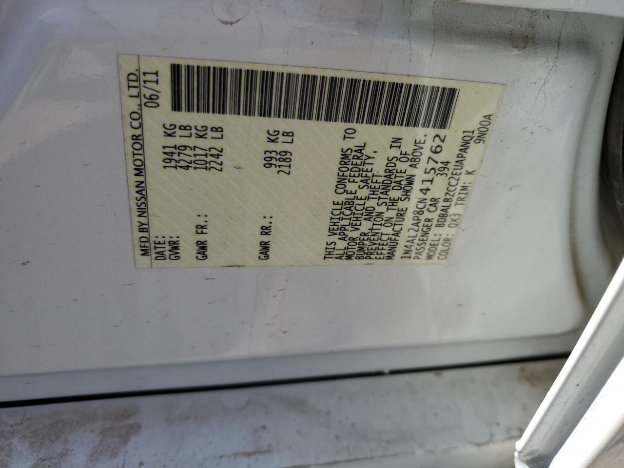 2012 Nissan Altima Base VIN: 1N4AL2AP8CN415762 Lot: 56973735