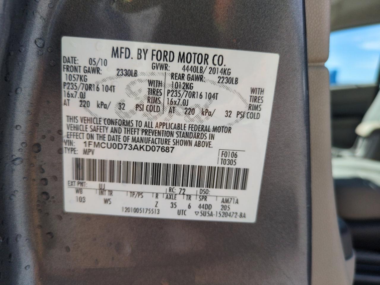 2010 Ford Escape Xlt VIN: 1FMCU0D73AKD07687 Lot: 56988525