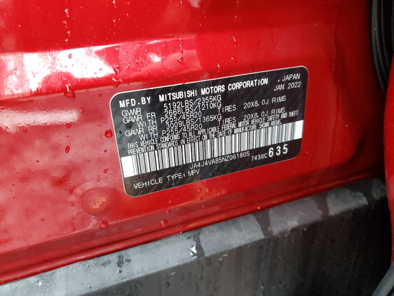 2022 Mitsubishi Outlander Sel VIN: JA4J4VA85NZ061805 Lot: 56632905