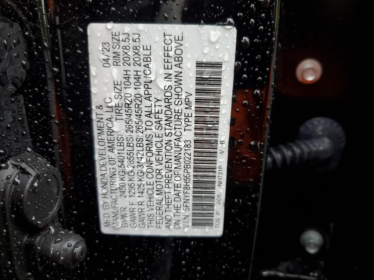 2023 Honda Passport Exl VIN: 5FNYF8H55PB022183 Lot: 57305445