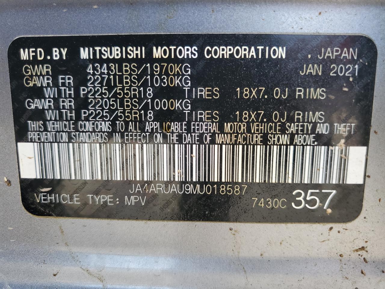 2021 Mitsubishi Outlander Sport Es VIN: JA4ARUAU9MU018587 Lot: 57302415