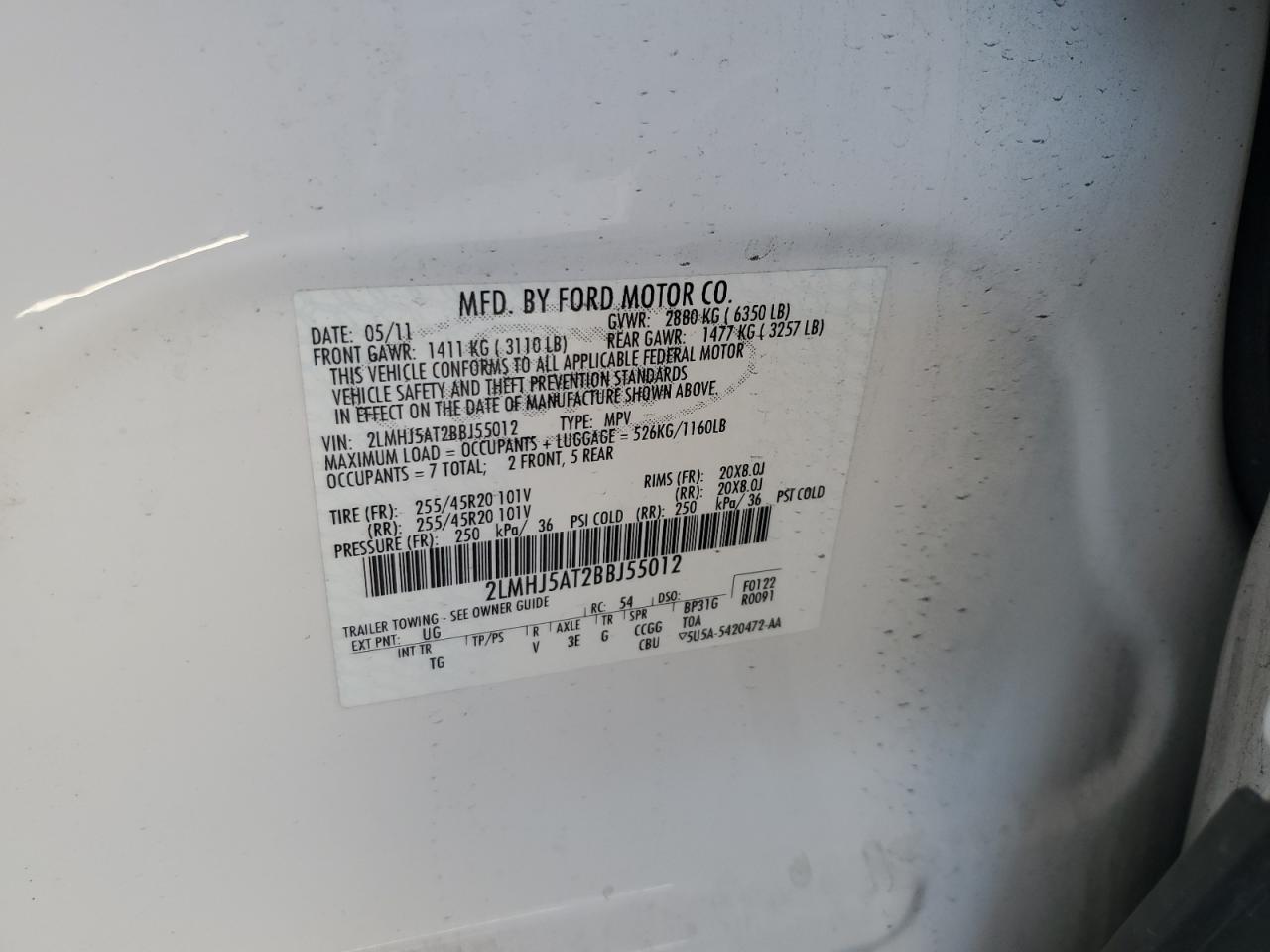 2011 Lincoln Mkt VIN: 2LMHJ5AT2BBJ55012 Lot: 57465455