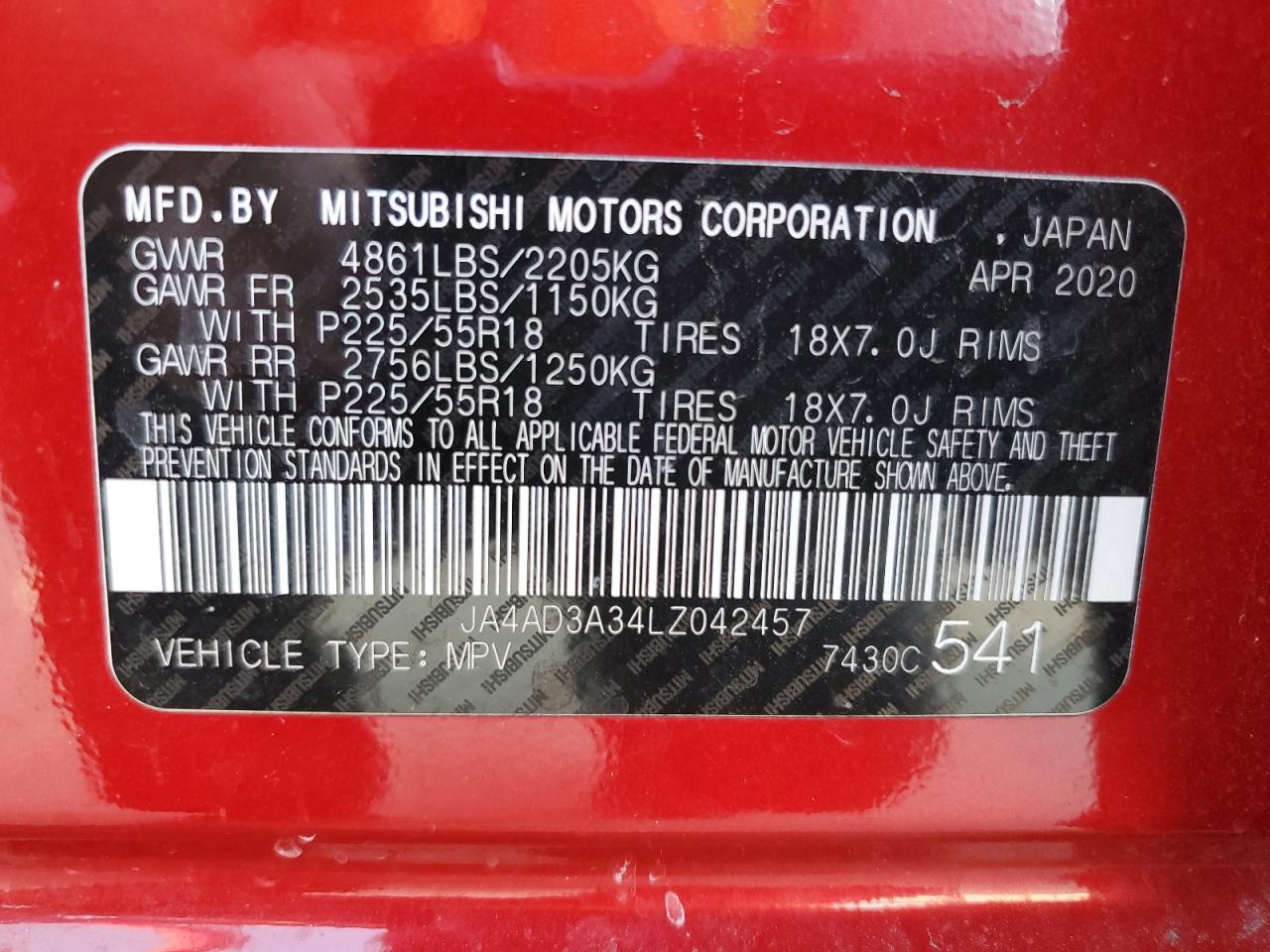 2020 Mitsubishi Outlander Se VIN: JA4AD3A34LZ042457 Lot: 56577385