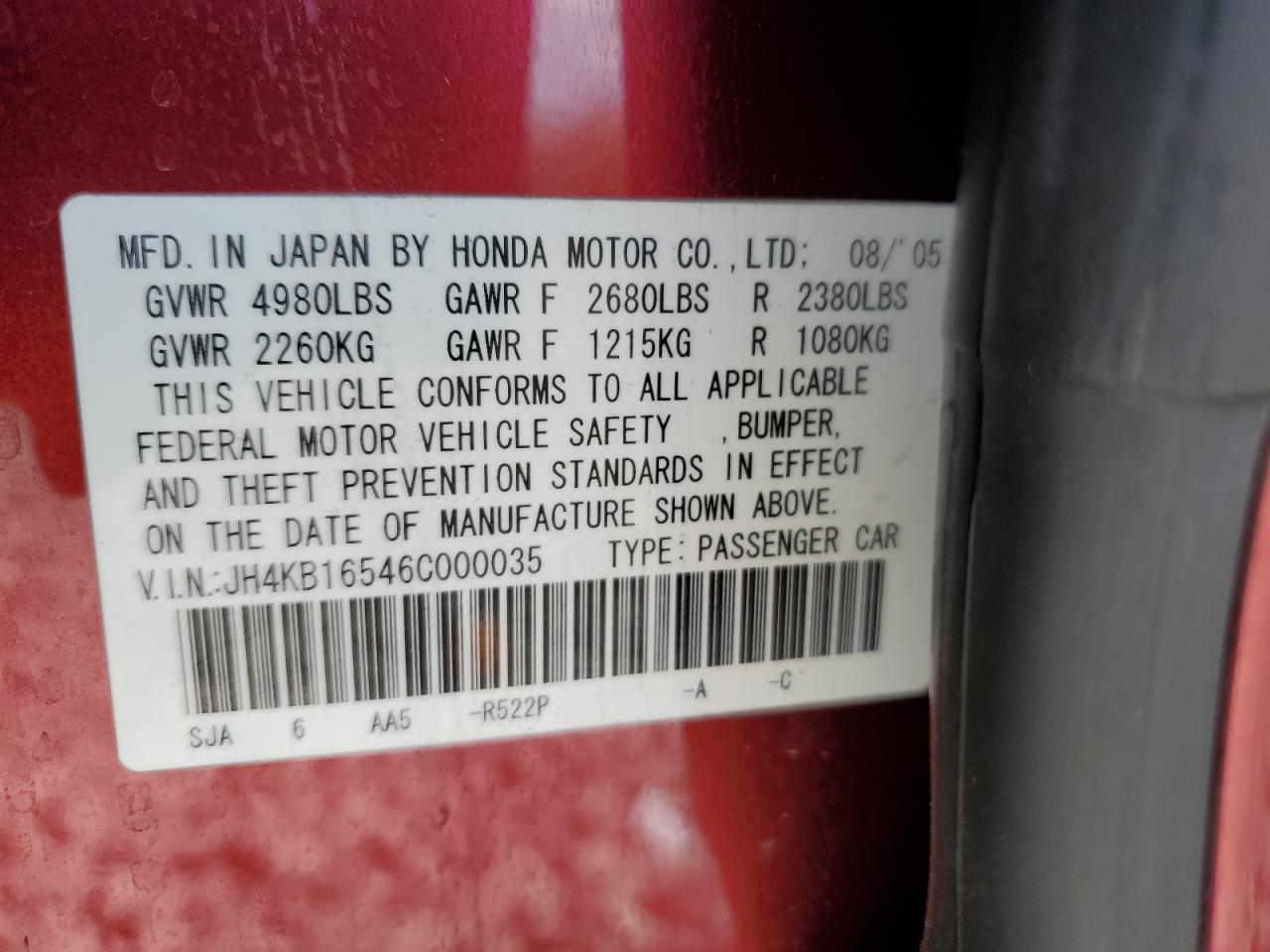 2006 Acura Rl VIN: JH4KB16546C000035 Lot: 57074865