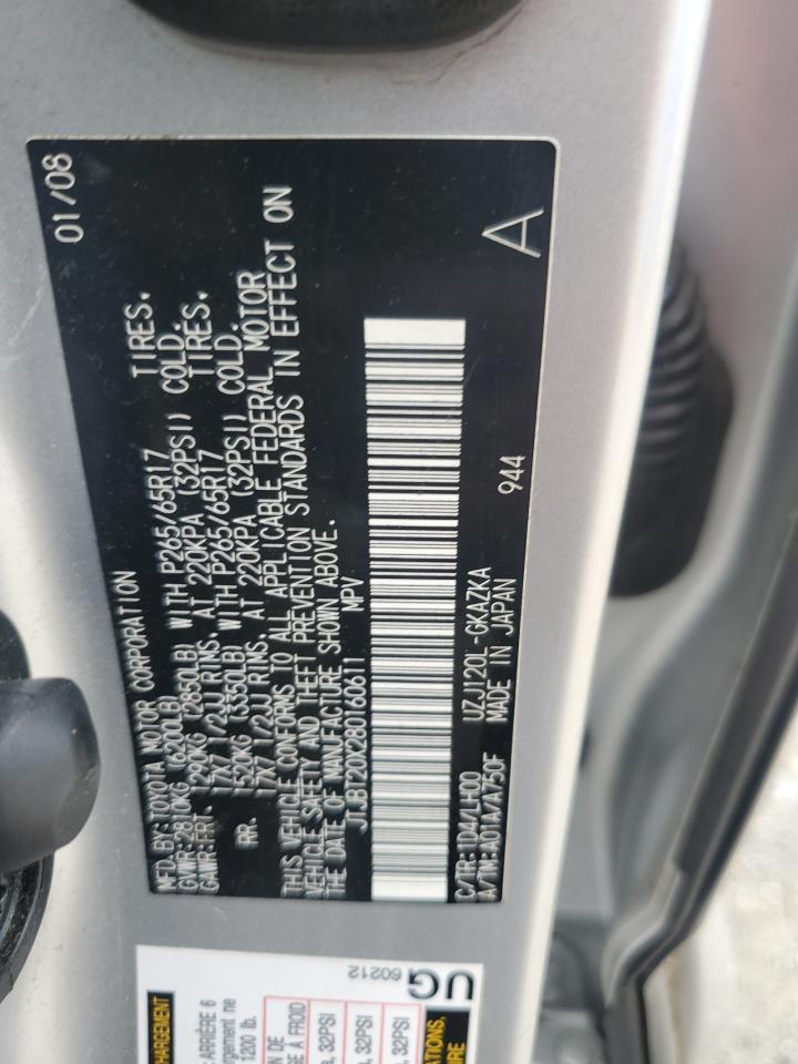 2008 Lexus Gx 470 VIN: JTJBT20X280160611 Lot: 56190035