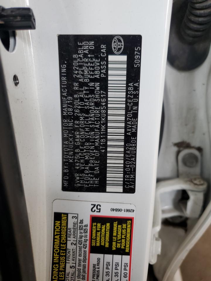 4T1B11HK1KU854617 TOYOTA CAMRY 2019