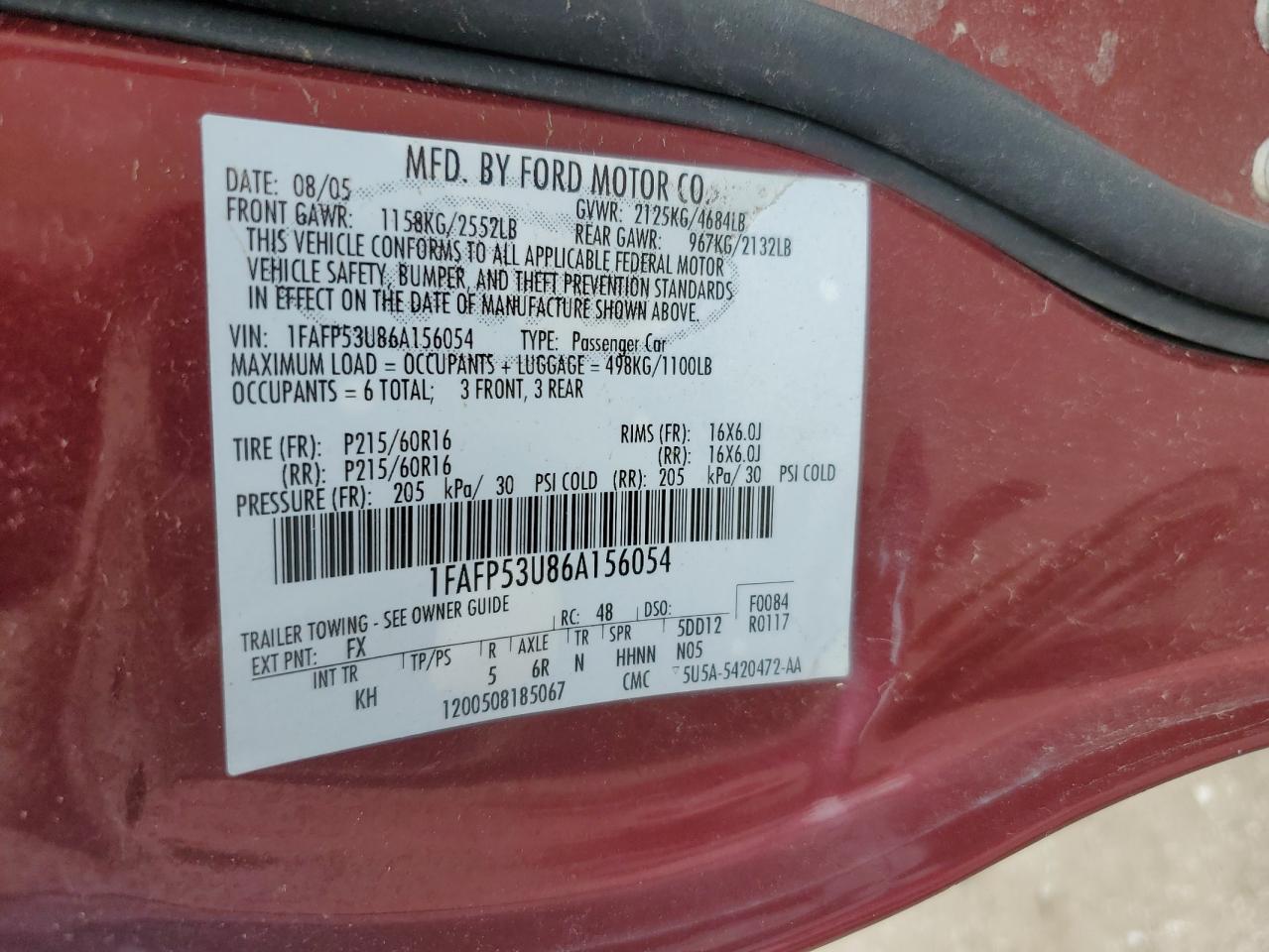 2006 Ford Taurus Se VIN: 1FAFP53U86A156054 Lot: 57677195