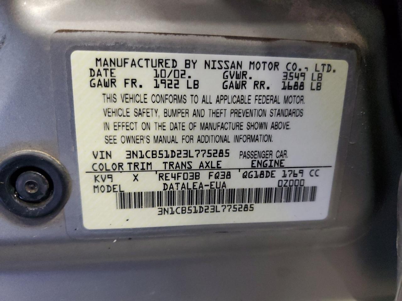 2003 Nissan Sentra Xe VIN: 3N1CB51D23L775285 Lot: 58420885