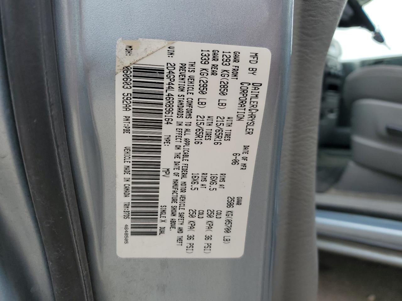 2006 Dodge Grand Caravan Sxt VIN: 2D4GP44L46R896164 Lot: 56650255